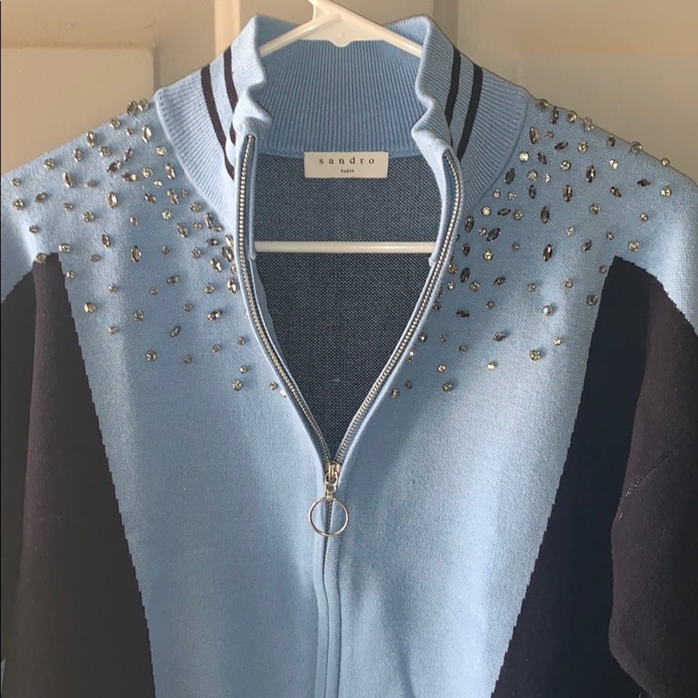 SANDRO Blue Embellished Zip Up Jacket - Picture 6 of 8